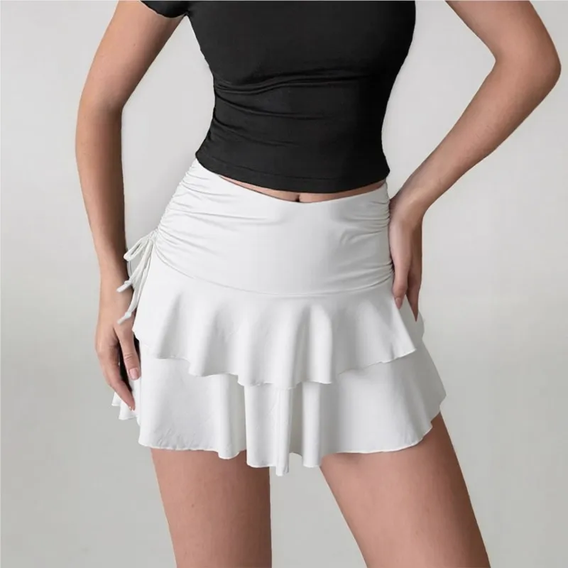 Elegance Elastic Waist Lace Up Double-Layer Cake Skirt Spring Summer Women's Sexy Versatile  Solid Color Fashion Short Skirt