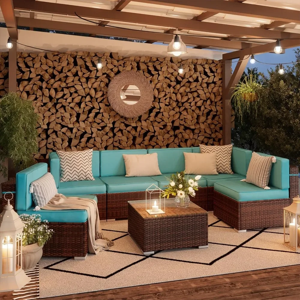 

Outdoor Patio Furniture Sets, 7 Pieces Outdoor Sectional, PE Rattan Sofa Patio Conversation Sets w/Waterproof Cover