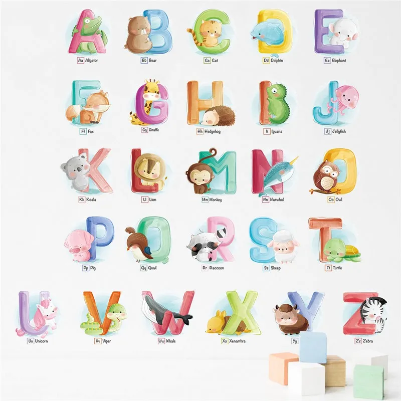 Cute Animals Learn Letters Wall Stickers For Kids Room Home Decoration Diy English Alphabet Mural Art Pvc Decal Nursery Posters