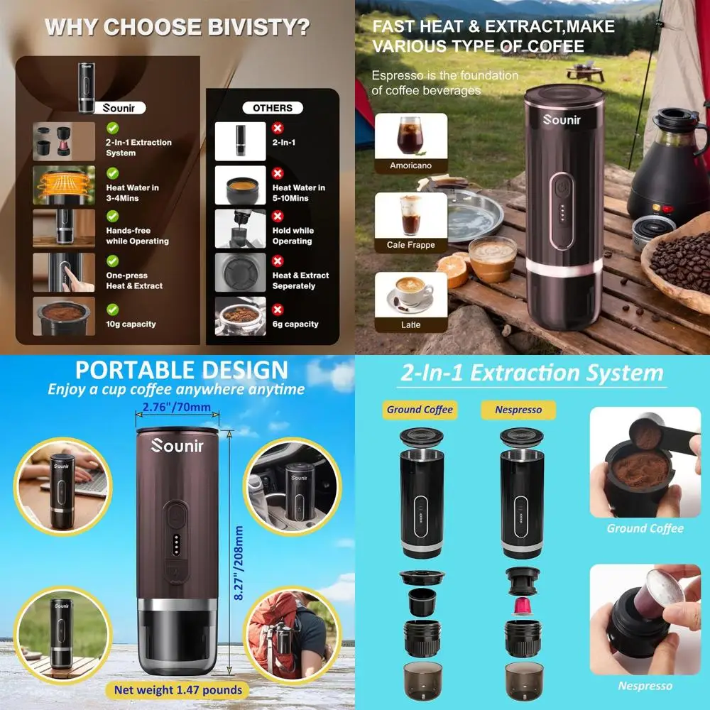 

Portable Espresso Machine and Coffee Maker for Camping, Travel, and Office - Self-Heating, USB-C Charger, Compatible with Nespre