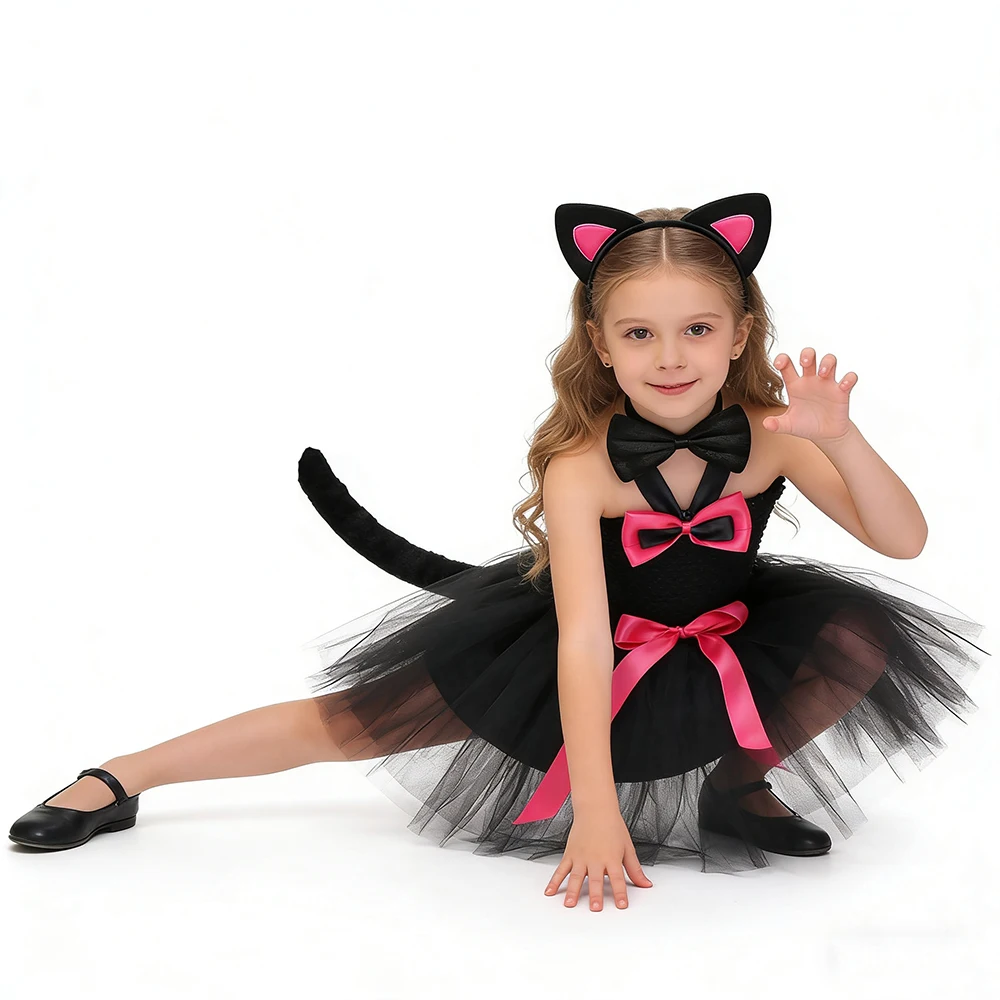 فستان توتو للفتيات باللون الأسود على شكل قطة للأطفال فساتين تول لحفلات أعياد الميلاد أزياء الهالوين كيتي التأثيرية للأطفال زي كرنفال فاخر #1
