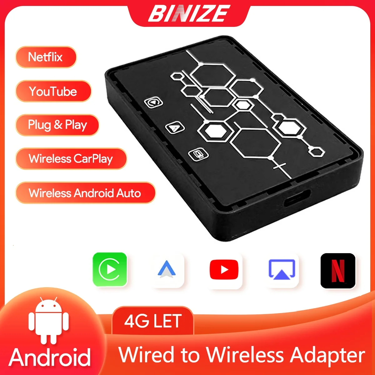 

Binize Wireless Carplay Adapter Wireless Android Auto For Car With Original Wired Carplay Plug ＆ Play