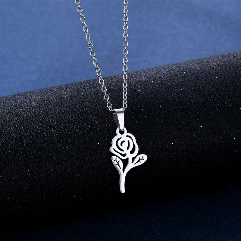 316L Fashion Rose Flower Necklace Pendant Stainless Steel Chain Jewelry Set Flower Earrings Necklace Women\'s Jewelry Gift