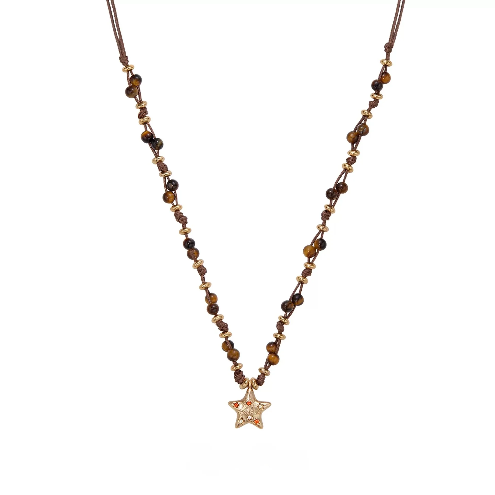 Necklace Tiger Eye Star Pendant Beaded Retro Chic Women Choker Versatile Lightweight Golden Brown Future Reimagined