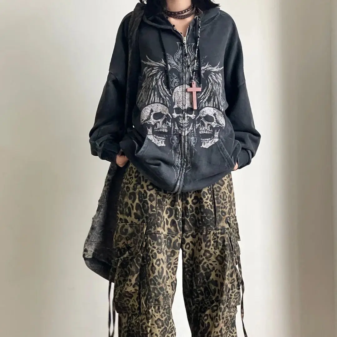 Dark Y2K Gothic Style Hoodies for Women Autumn Winter Punk Retro Skull Print Zip Up Hoodie Sweatshirt Hooded goth Jacket Coat