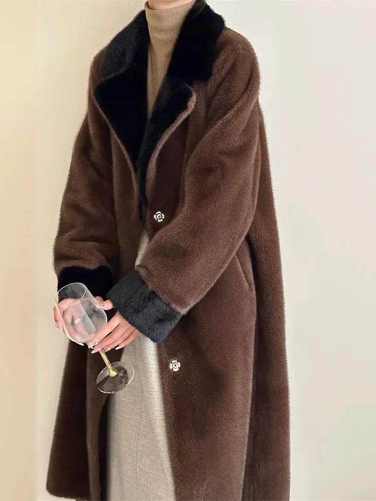 LANMREM Office Lady Winter Warm Thick Long Coat Women's Lapel Contrast Color Single Breasted Clothing Fashion New 2VV1877