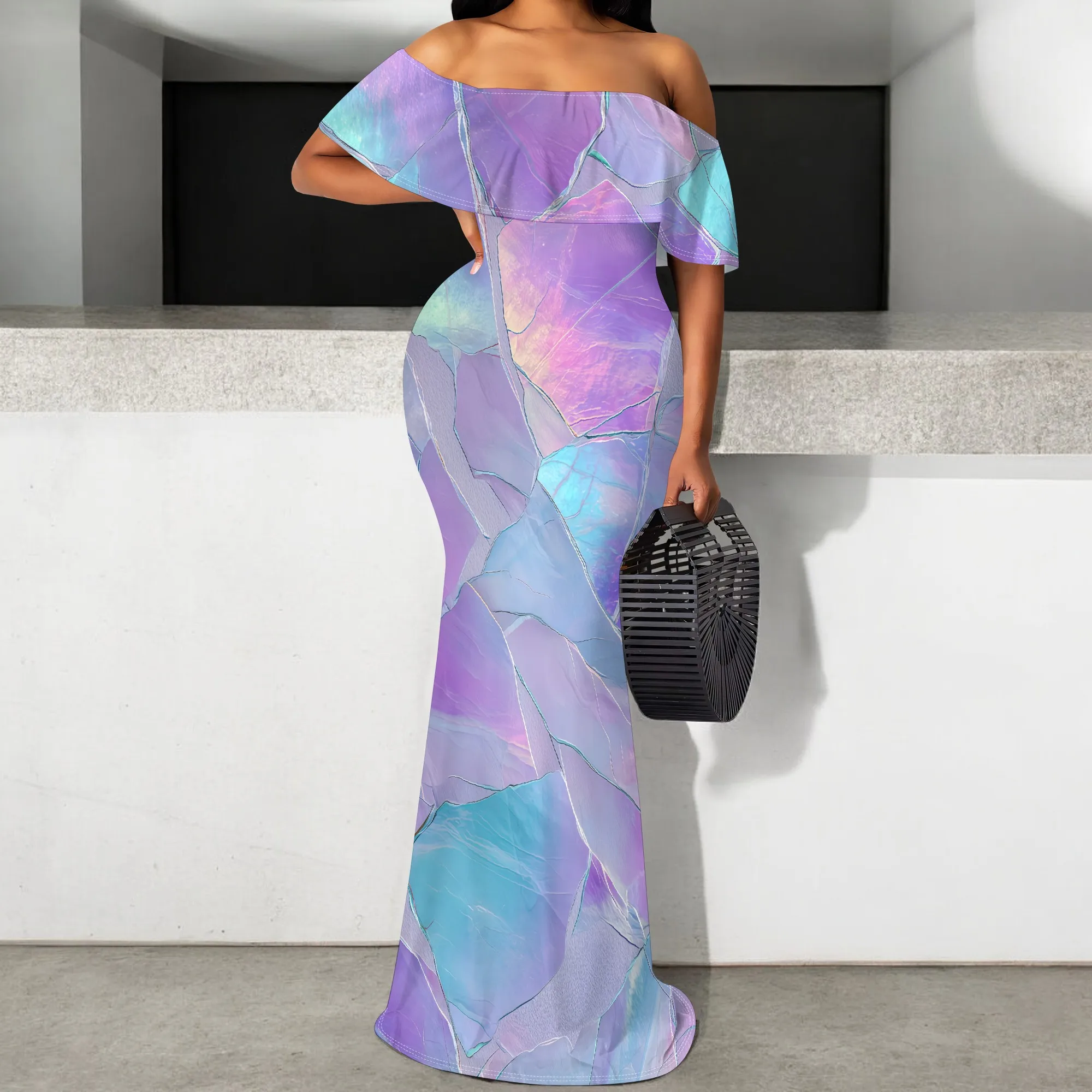 

Iridescent Gradient Off Shoulder Maxi Dress for Women 2025 Elegant Mermaid Summer Party Gown S-3XL