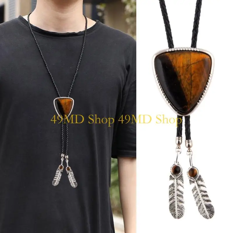 49MD Bolo Tie for Women Men Western Cowboy Bolo Tie Vintage Triangular Stone Leather Rope Necktie Feathered Necklace