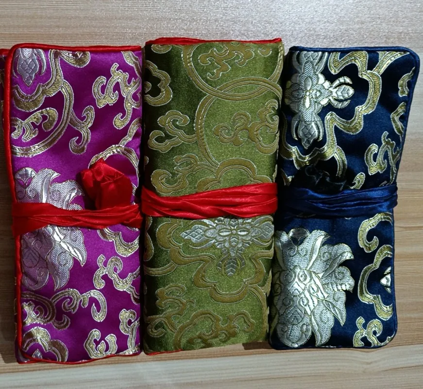 Custom 20pcs Silk Brocade Jewellery Roll Pouch Bags Travel Storage Multi Zipper Women Makeup Jewelry Packaging Purse with Ties