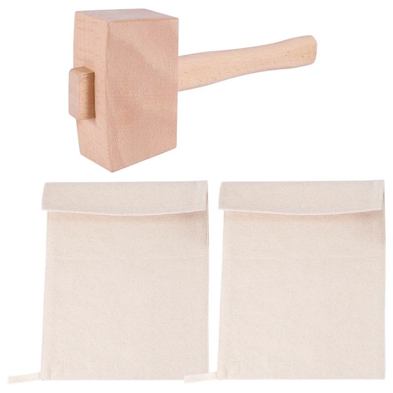 Pack Of 2 Lewis Bags And 1 Piece Ice Mallet Set-Reusable Canvas Crushed Ice Bags With Wooden Mallet For Home Party Bar