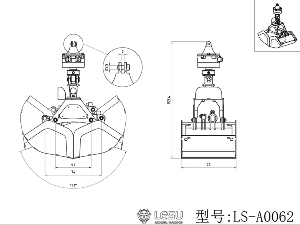 Cubo de agarre de Metal modelo Lesu para camiones RC 1:14 Grúa montada en camión hidráulico Lesu