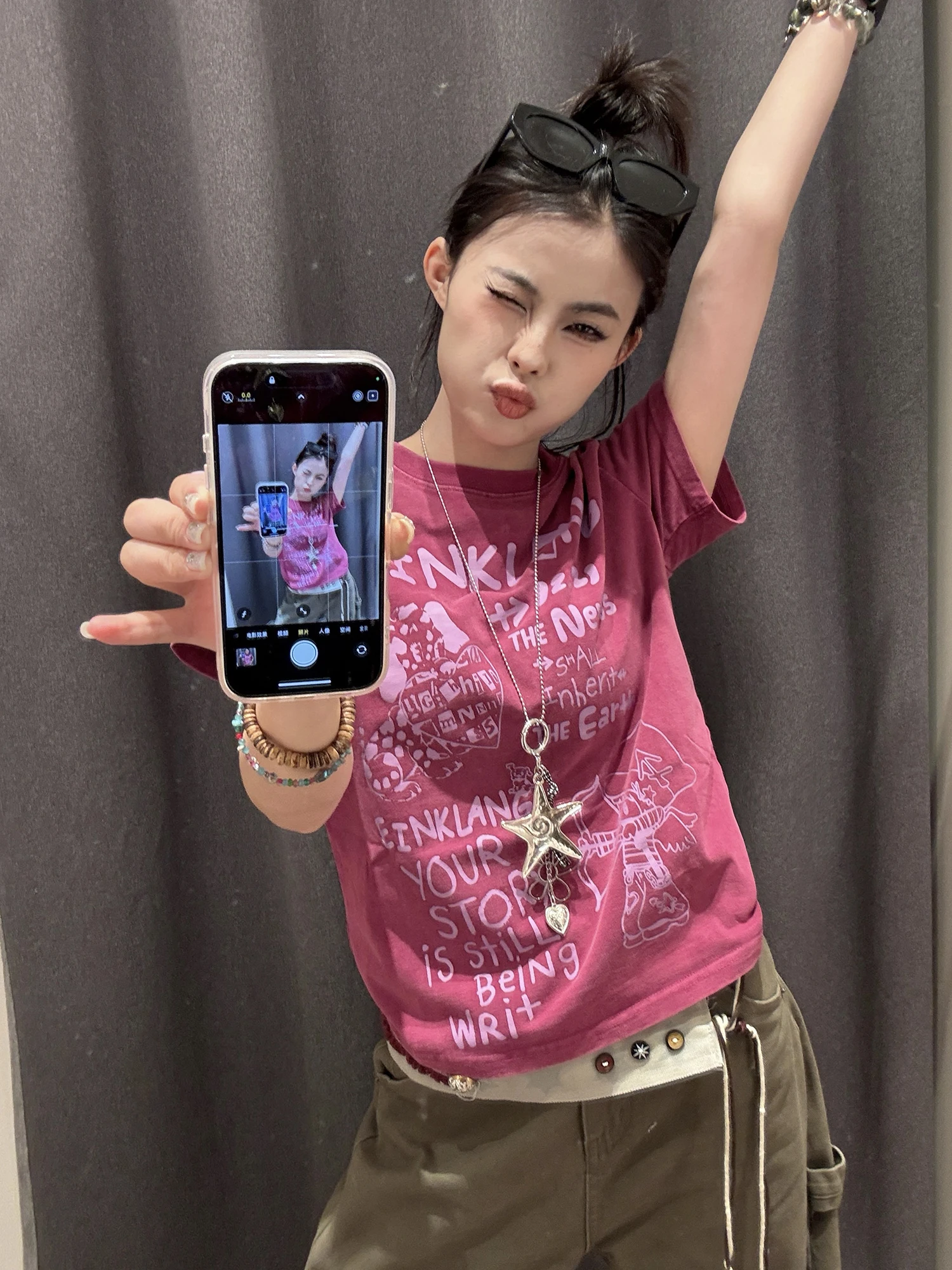 

Женская футболка Wild Azizi ort Sve oulder Waed с американским ретро-принтом, облегающий повседневный топ, круглый, летняя мода