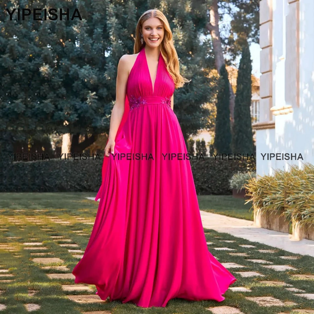 Yipeisha Sexy Halter Fuchsia Evening Gown Backless Pleated Prom Dress Long Chiffon Wedding Party Dresses Robe de Soiree