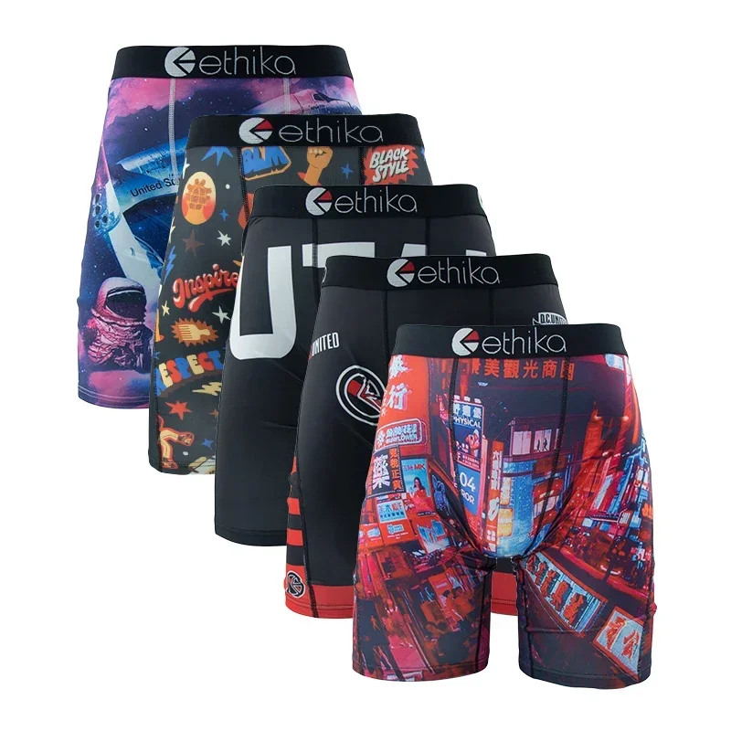 

5Pcs Sexy Men Underwear Breathable Mesh Crotch Mens Underpants Boxers Plus Size Printed Man Panties Men's Boxers Briefs