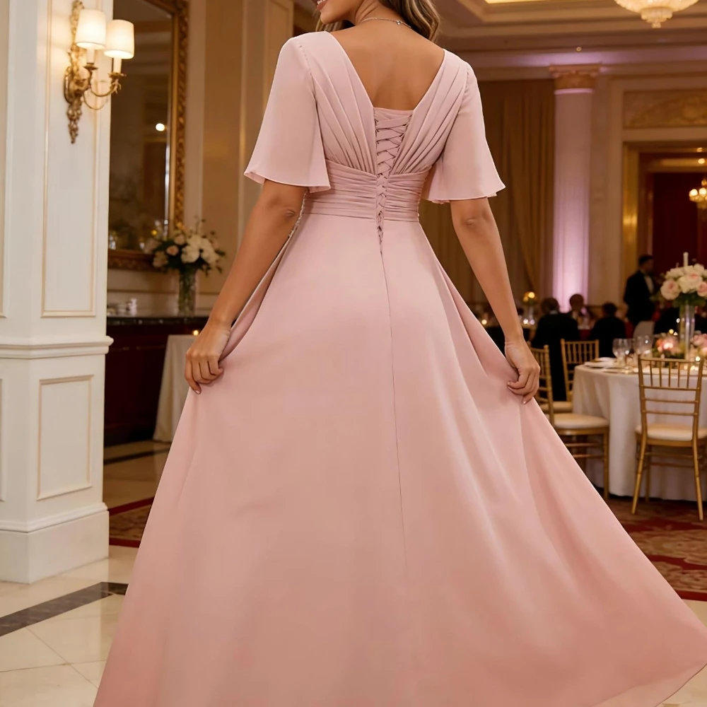 Szyfonowa sukienka dla mamy panny młodej, damska, do kolan, z koronkowymi aplikacjami, elegancka sukienka dla gościa weselnego z krótkim rękawem, Vestidos