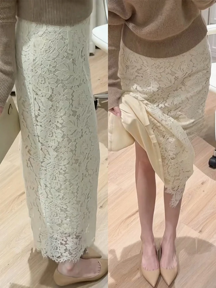 White Lace Half Body Skirt High Waist Straight Cut Women's plus Size Wrap around Long Skirt Pear Shaped Body Berkeley Skirt
