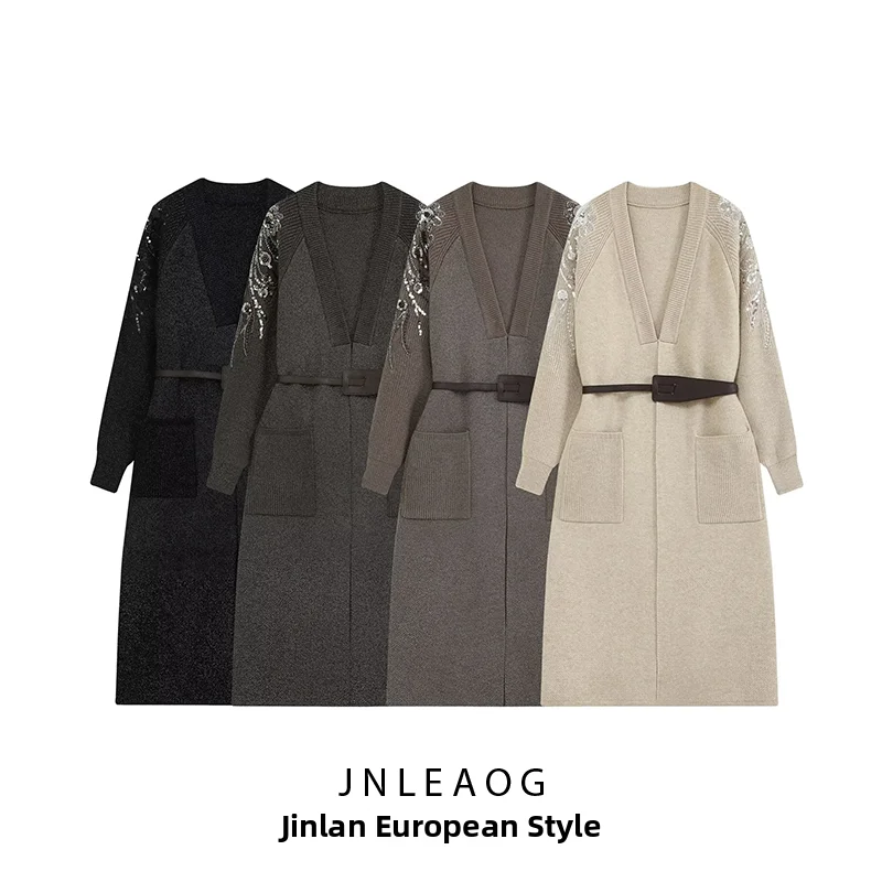 JNLEAOG Women's Comfortable Casual Knitted Coat with Belt Fall New Style Heavy Bead Embroidery Loose Fit Long Sleeve Mid-Length