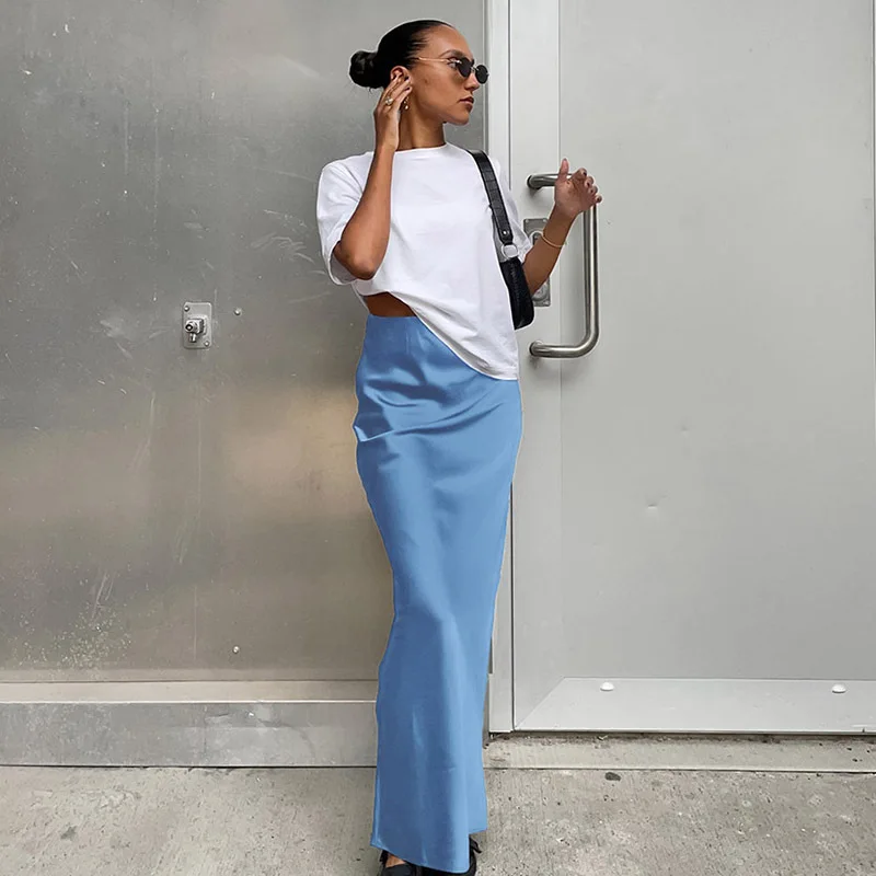 

Elegant Satin Black Blue Trumpet Skirts Eleagnt Slim High Waist Skirt Women Female Solid Office Lady Ol Long Skirt Spring Summer