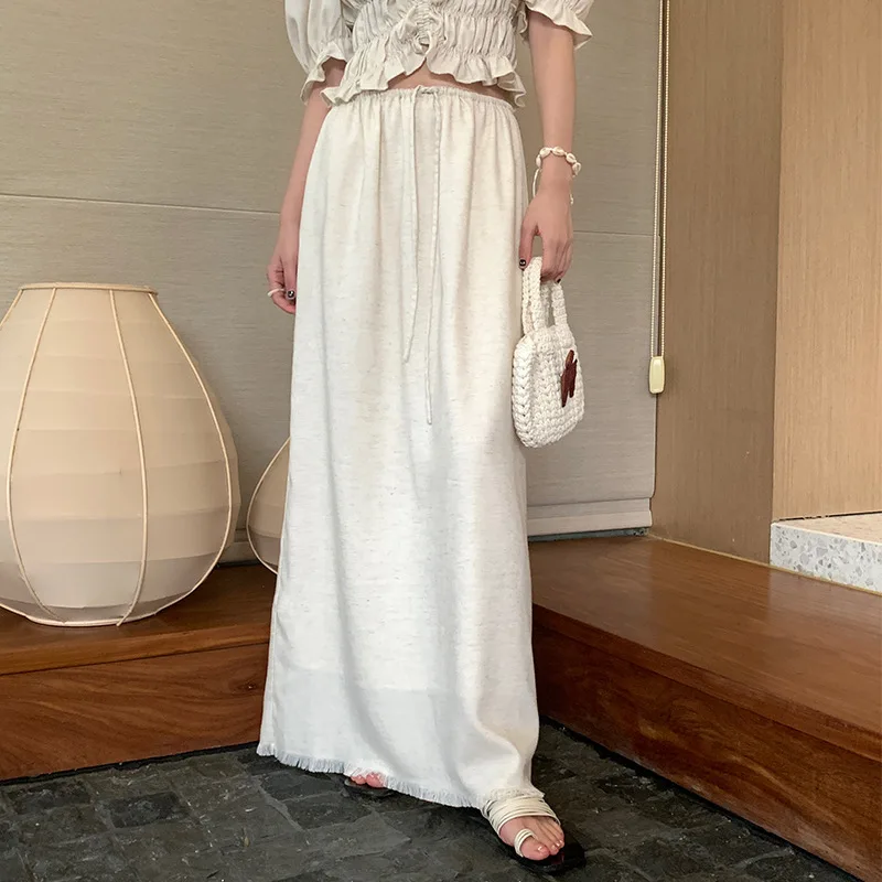 Summer French Tassel Skirt With A Drape Feel For Linen Women's Long Skirt Slim And High Waisted Skirt