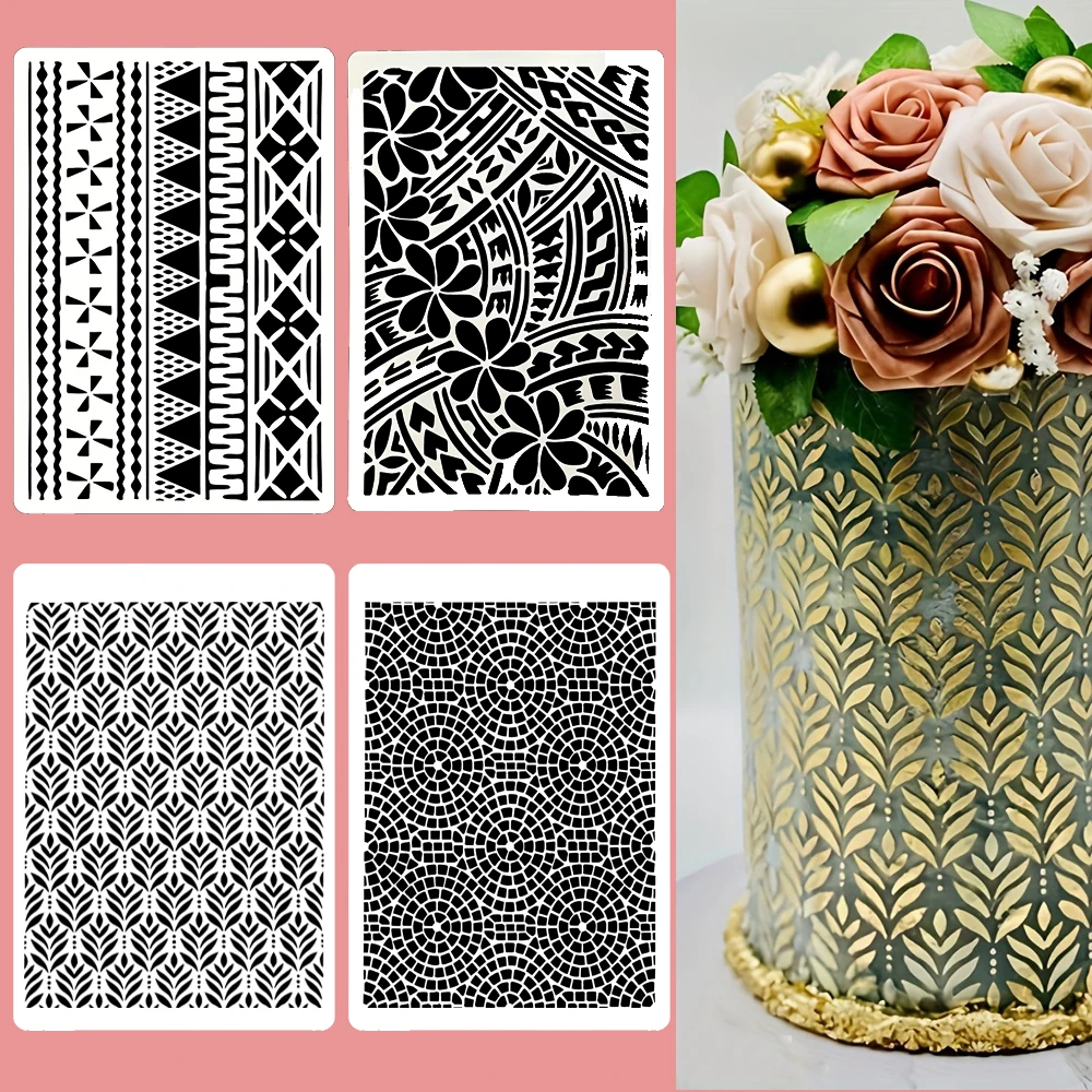29×20cm Multi Pattern PET Spray Stencil, Reusable Cake Template for Wedding Party DIY Baking Decoration
