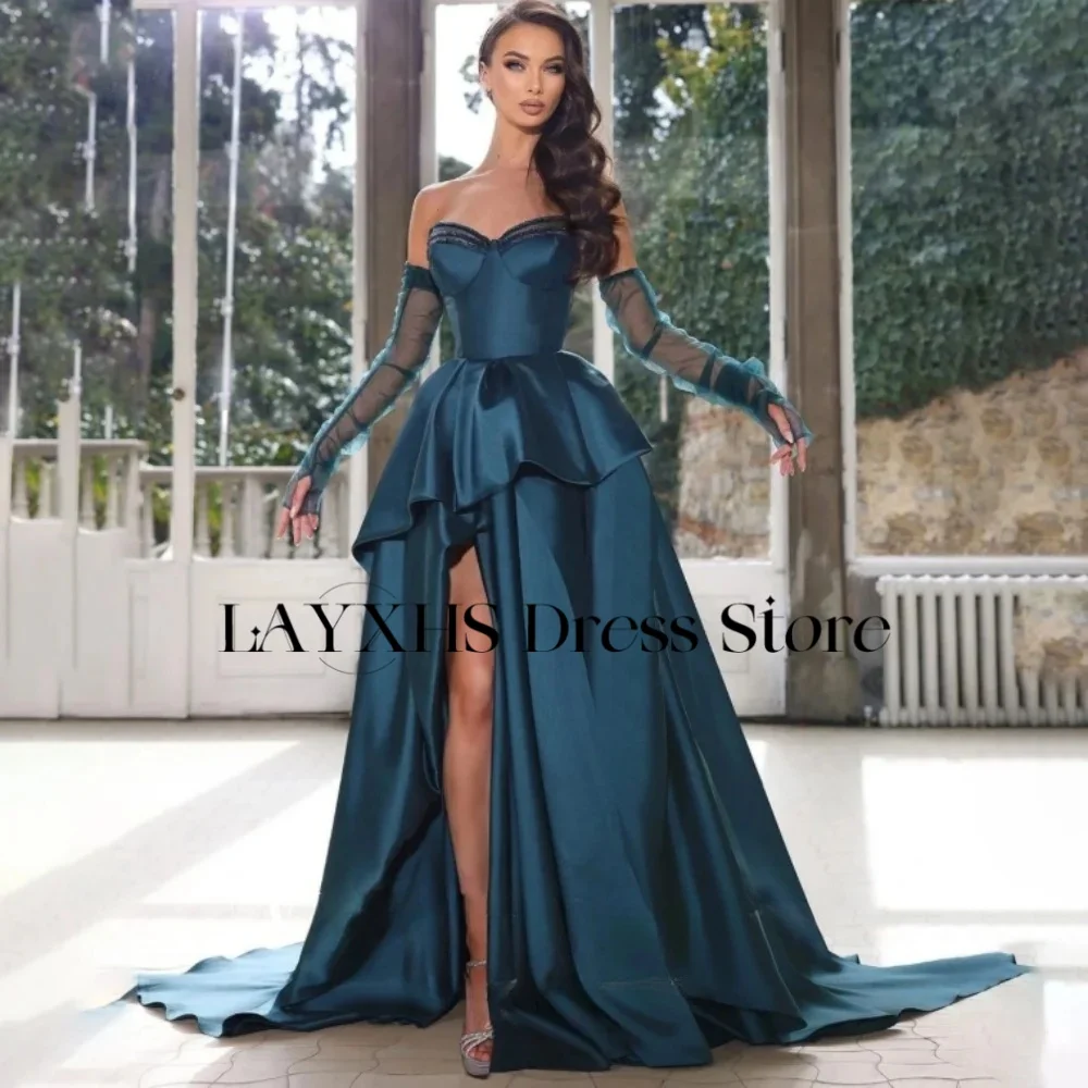 LAYXHS-vestidos de noche de lujo con forma de corazón, corte en A, mangas removibles, abertura lateral, volantes, vestidos de graduación personalizados