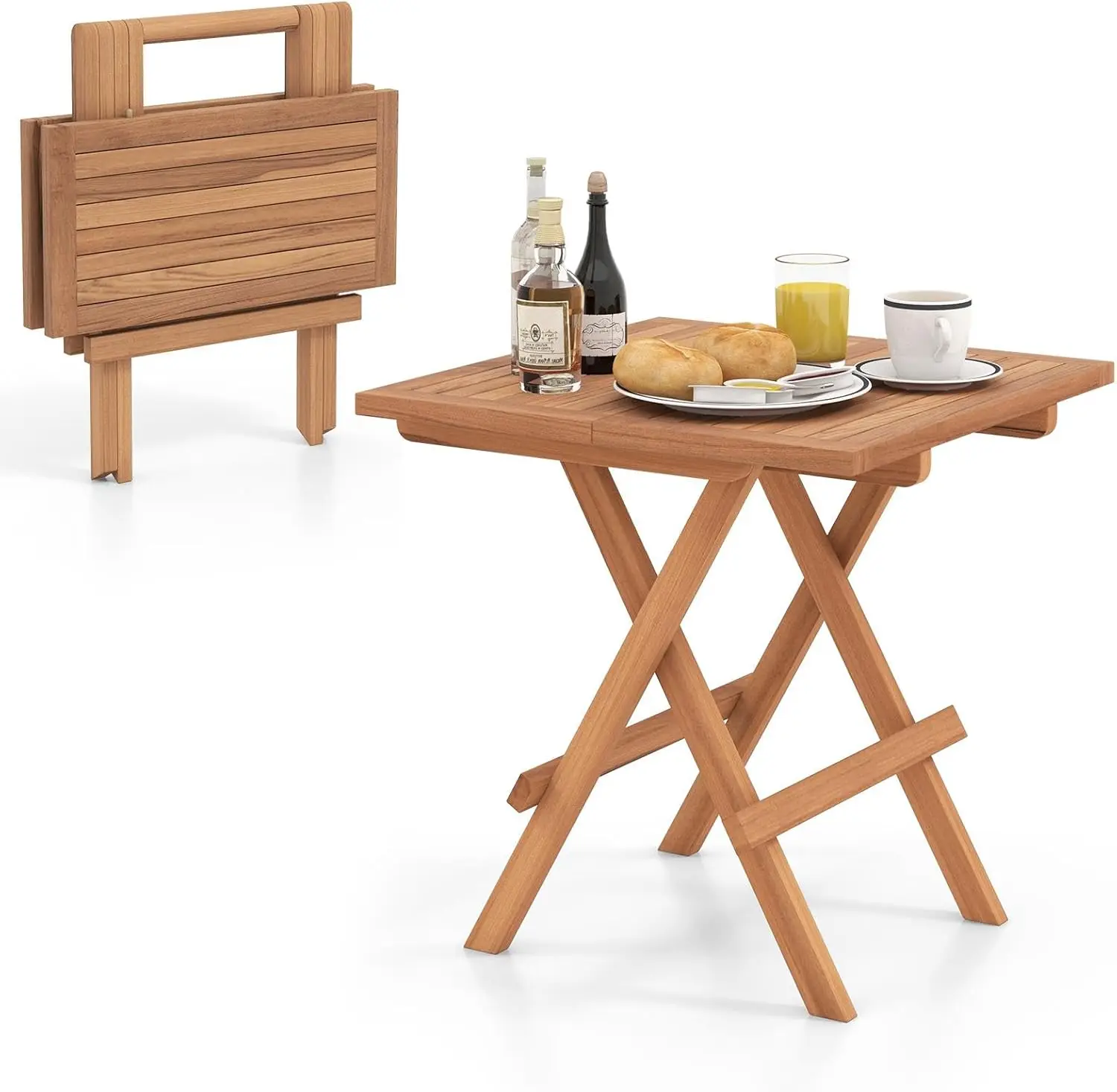 

Square Folding Side Table, Outdoor Indonesia Teak Wood Patio Dining Table With X-Shaped Frame & Slatted Tabletop, Lightweight