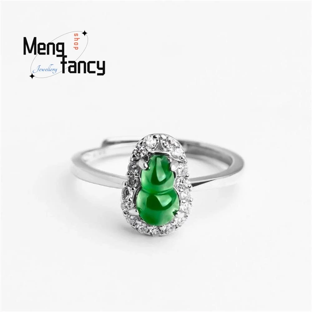 

S925 Silver Inlaid Natural A-goods Jadeite Gourd Sunny Green Icy Jade Ring Simple Exquisite Luxury Fashion Jewelry Holiday Gift