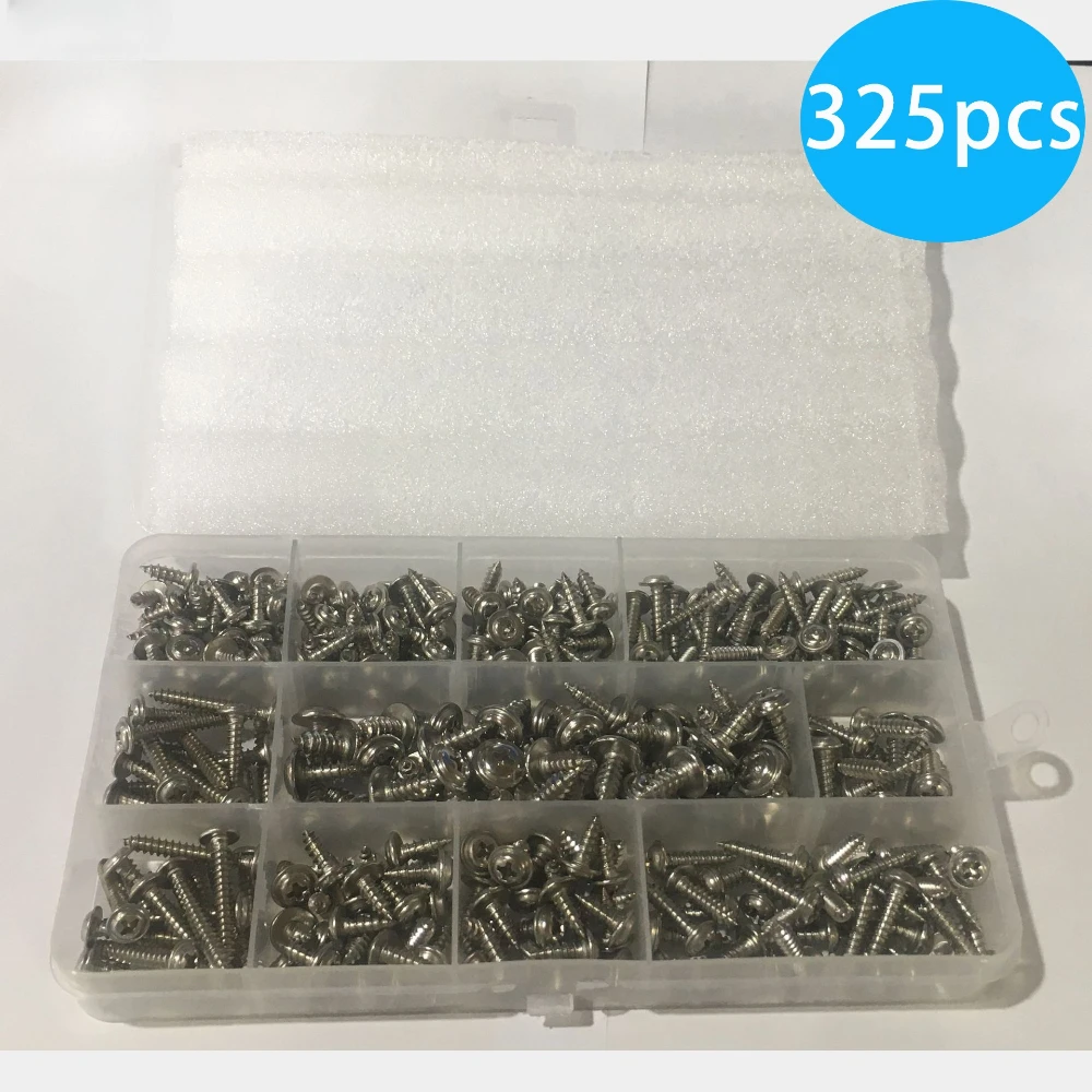 325pcs Box Round Head Self-tapping Screws 304 Stainless Steel Cross Self-tapping Screws with Pads M3.5 M4 M5 Screw Sets