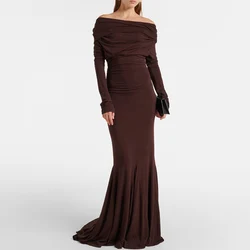 2025 Elegant Ceremony Dresses Saudi Spandex Mermaid/Trumpet Evening Dress Brown Off-the-shoulder Pleat Ruched Prom Long Gown