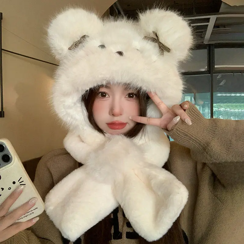 thickened-fleece-bear-ear-hat-scarf-set-women's-winter-warm-protective-ear-lei-feng-style-hat-scarf-two-piece-set-chinese-geo