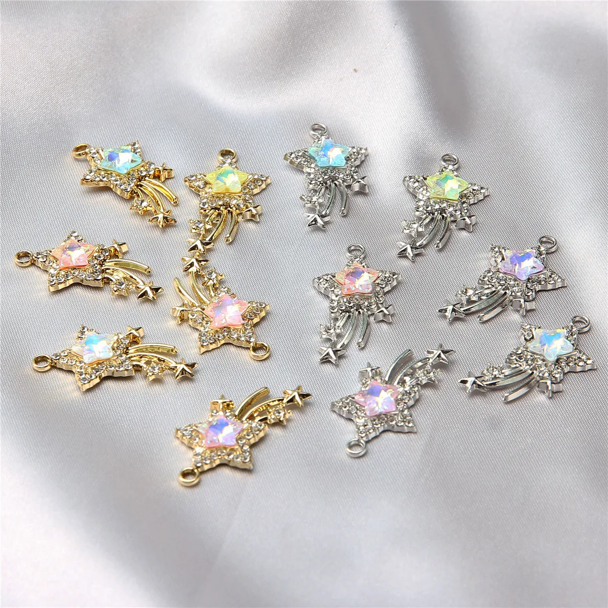 50pcs 30*17mm High Quality Rhinestone Star Shooting Star Zinc Alloy Pendant DIY Jewelry Making, Suitable for Earrings