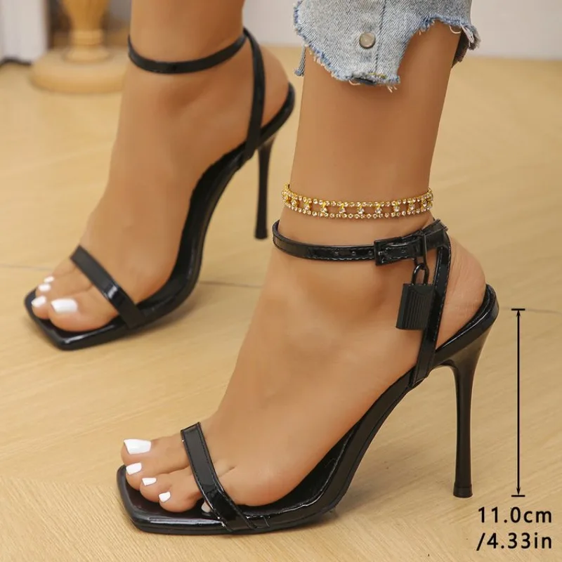 Sandalias de Tacón Delgado de 11 cm para Mujer, Nuevas Sandalias de Moda con Punta Cuadrada y Correa en el Tobillo, Tacones Altos para Mujer, Zapatos de Vestir para Fiesta de Verano, Talla Grande 42