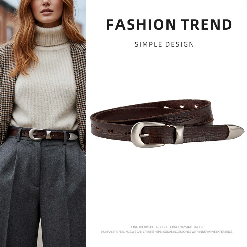 

Женский ремень из воловьей кожи в стиле ретро с серебряной пряжкой, женские декоративные джинсовые ремни, европейская и американская ниша из натуральной кожи на талии