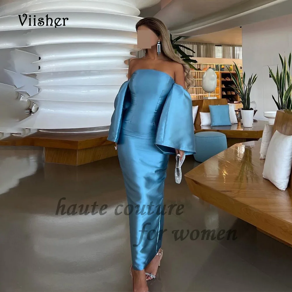 

Blue Mermaid Evening Party Dresses with Sleeve Mono Satin Strapless Bodycon Formal Prom Dress Ankle Length Evening Gowns