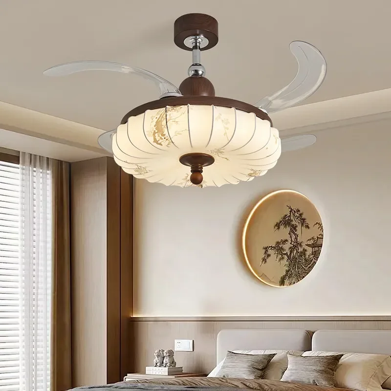 Medieval Invisible Fan Light Retro Cream French Style Ceiling Fan Lamp for Living Room Dining Room Bedroom Silent Operation