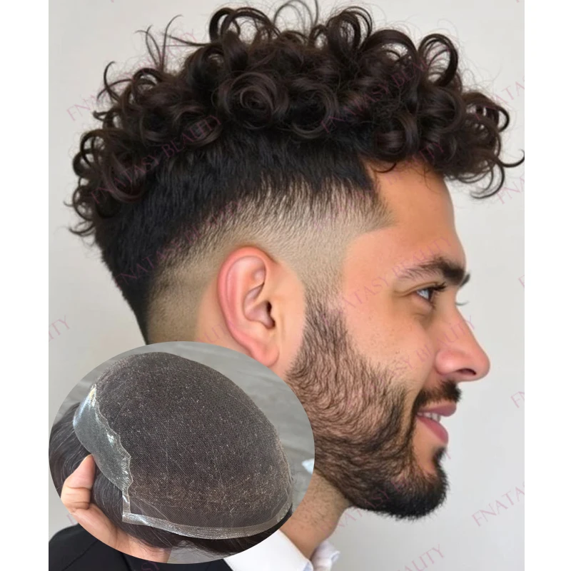 

Durable 22mm Curly Q6 Swiss Lace Front 100% Virgin Human Hair Black Man's Hairpieces Grey Brown Breathable Old Man's Hair Toupee