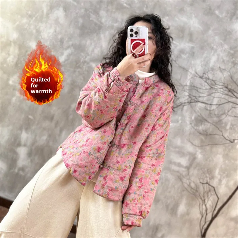 

Хлопковая куртка с цветочным принтом, женское свободное пальто с воротником-стойкой, зимнее пальто, тонкое китайское пальто на пуговицах