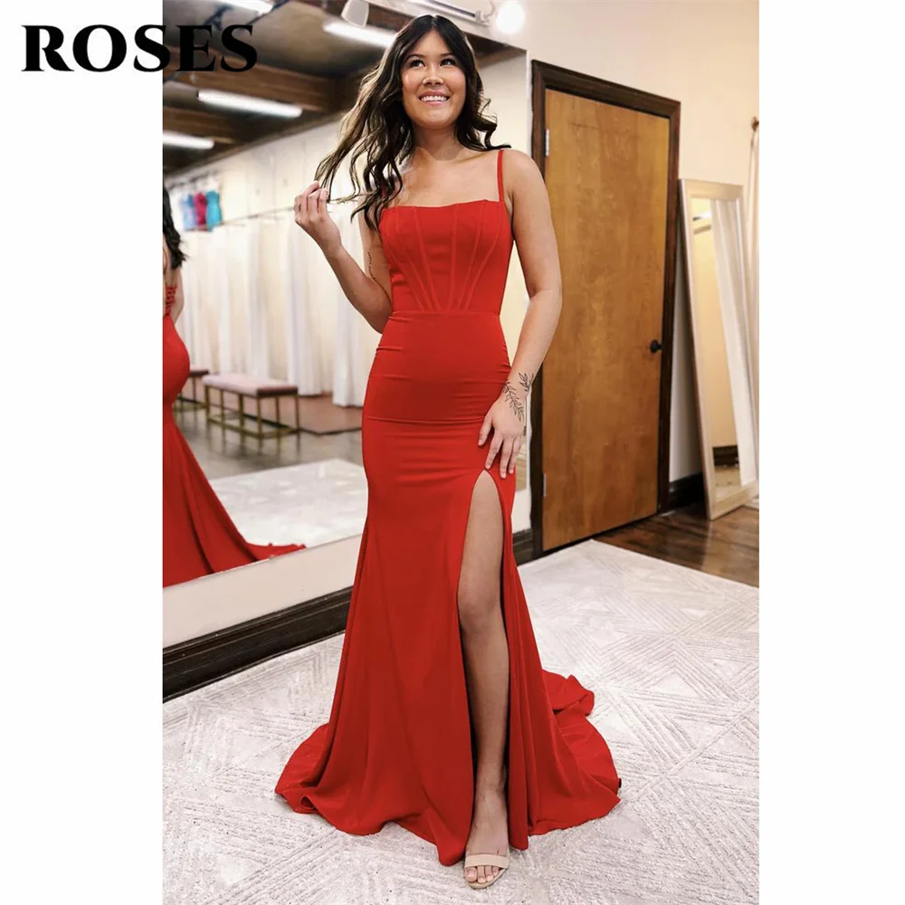 ROSES-Robe de Soirée en Satin Rouge, Tenue de Bal, Bretelles Spaghetti, Dos aux, Sirène, Fendue sur le Côté