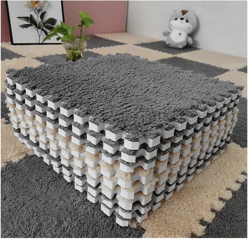 15 Pcs Plush Puzzle Foam Floor Mat Square Interlocking Carpet Tiles with Border Soft Fluffy Play Mat Flooring Climbing Area Rugs