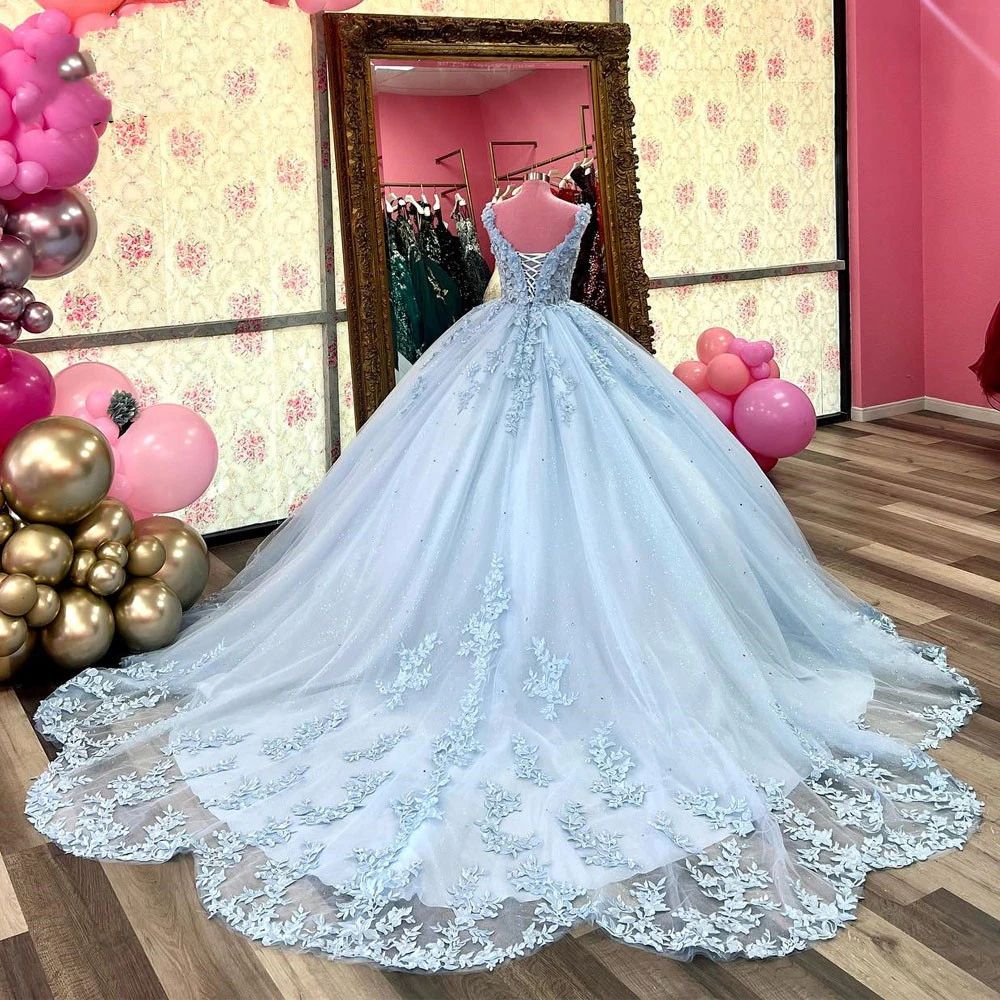 ANGELSBRIDEP Hellblaue Quinceanera-Kleider, Abendkleid, mit Perlen verziert, appliziert, Aschenputtel-Geburtstag, Vestidos de Sweet 15 Años, individuell gestaltet