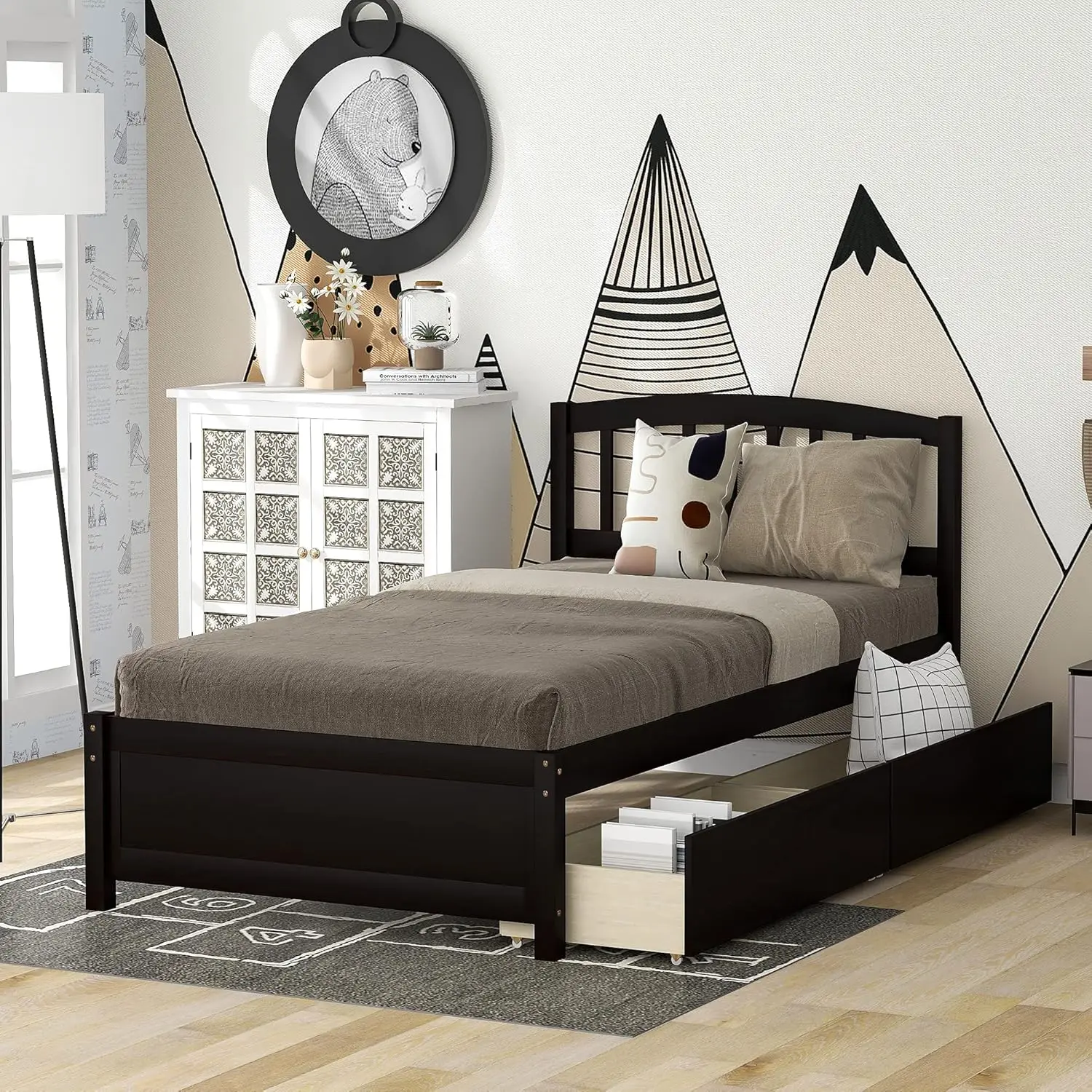 Harper & Bright Designs Twin Storage Bed Frame, Wood Platform Bed with Two Drawers and Headboard, Espresso