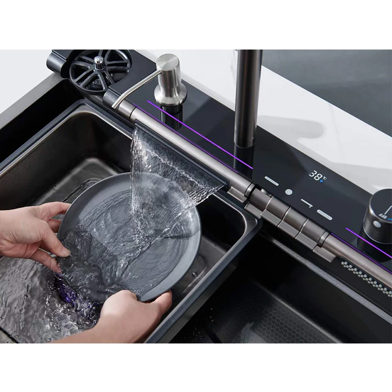 304 Kitchen Sinks Double Vessel Kitchen Sink With Digital Display Piano Button Waterfall Wash Sink Stainless Faucet