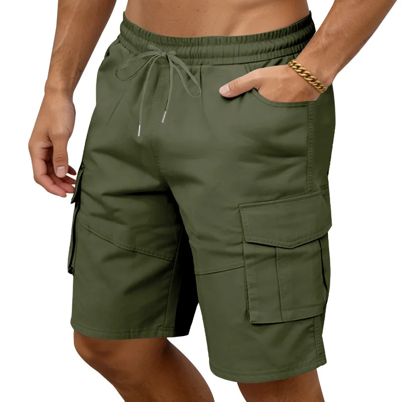 Men's Multi Pocket Cargo Shorts Drawstring Elastic Waist Casual Shorts Summer Loose Solid Color Classic Style Beach Knee Length