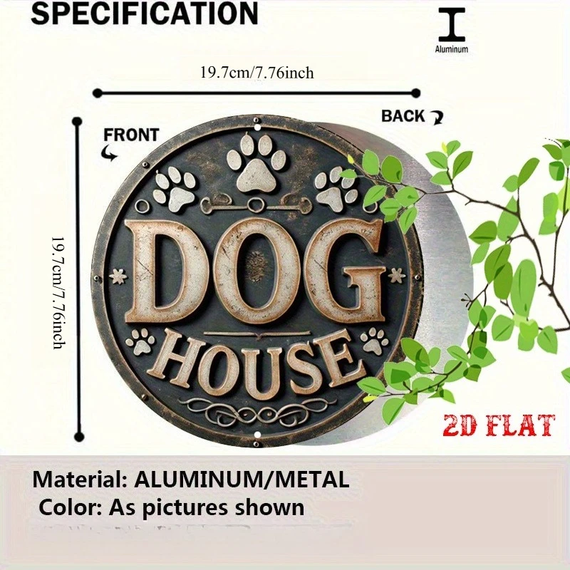 2D Flat Dog House Round Sign, Pet Lover Round Wall Decor Paw Prints Rustic Metal Wall Art, for Home Sign Metal Wall Art Decor