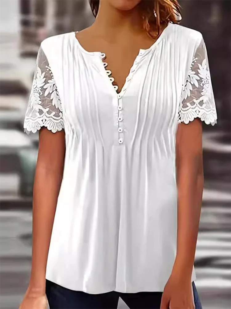 

Женская кружевная блузка с v-образным вырезом, футболка с короткими рукавами, однотонный топ на пуговицах, элегантный летний тренд
