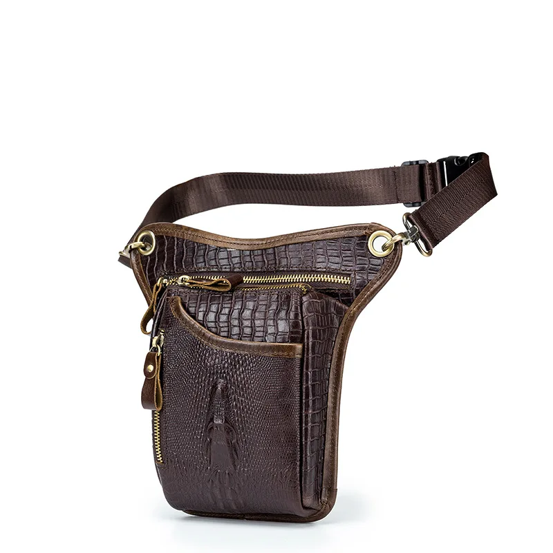Vintage Style Genuine Top Layer Cowhide Leather Small Crossbody Motorcycle Riding Leg Strap Bag Alligator Pattern Waist Bag