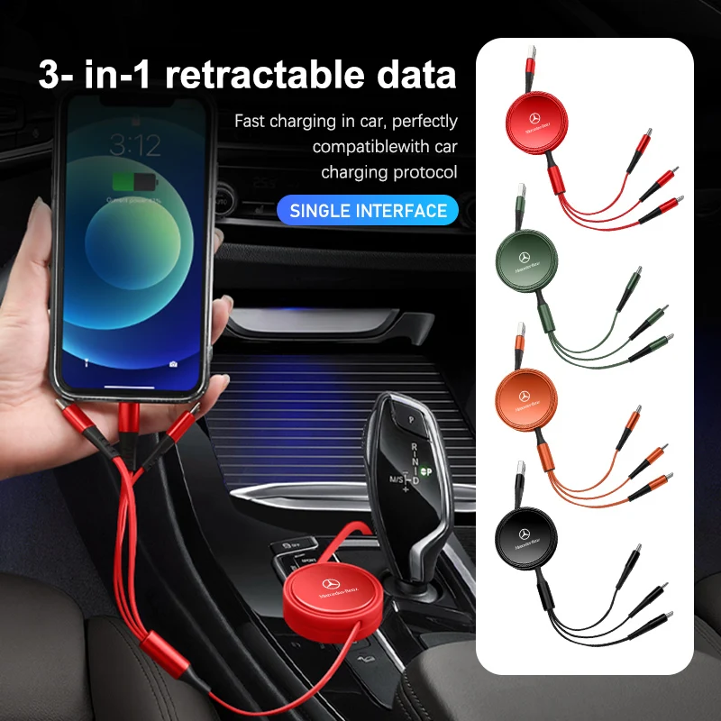 Retractable 3 In 1 Usb Cable for iPhone & Micro USB & Type C For Mercedes Benz CLK GLC W212 C200 C300 W203 W204 W205 W169 W176