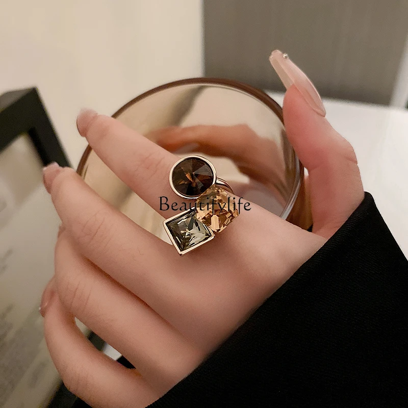 Exaggerated Light Luxury Zircon Open Index Finger Ring Female Niche High Sense Fashion Personality All-Match Earrings