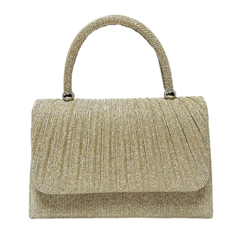 Light Gold Glitter Vertical Pleat Flap Mini Square Clutch Luxury Dual-use Evening Bag For Middle Aged Women Daily Banquet Purse