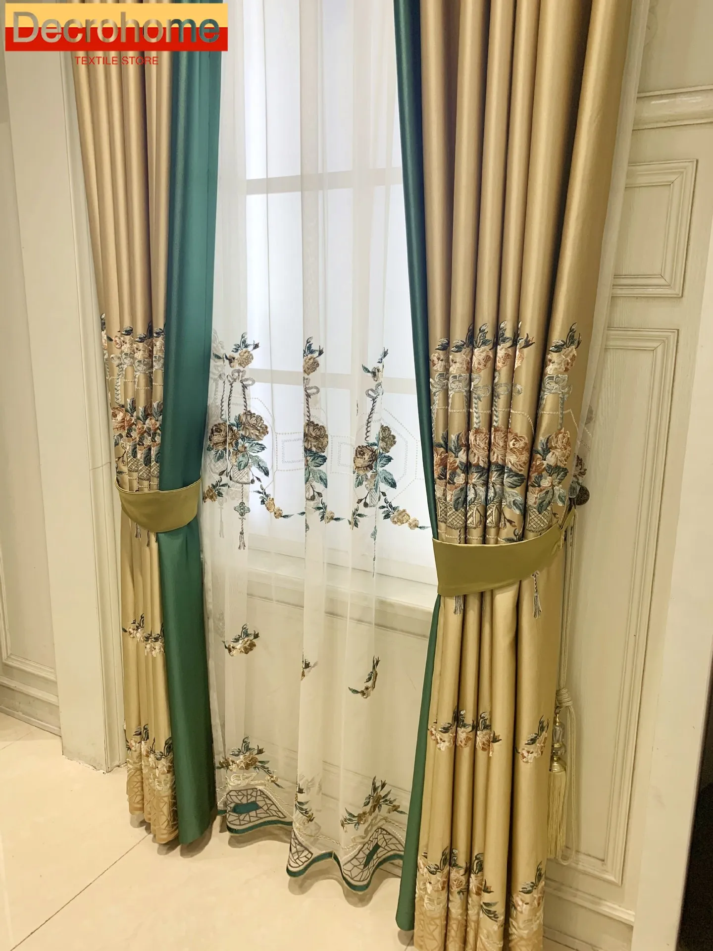 New Chinese Style Peony Gold Yellow Embroidered Window Screen Splicing Curtains for Living Room Bedroom French Window Balcony